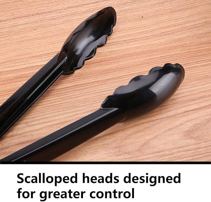 24 Pieces Plastic Salad Tongs, Black Kitchen Serving Tongs, 9 Inch Disposable Utensils Set, Heavy Duty Scalloped, Perfect for Buffets and BBQ, Food Safe Material