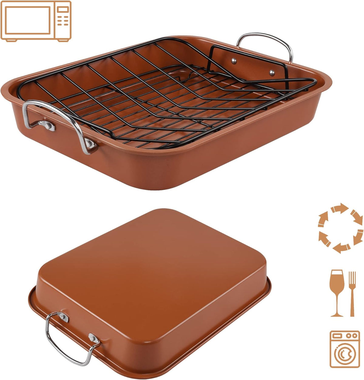 KitCom Nonstick Roasting Pan, Roaster with Cooling Rack and V-Rack - 16 Inch Rectangular Turkey Roaster Lasagna Pan for Easter, Thanksgiving & Christmas, Dishwasher Safe, Bronze