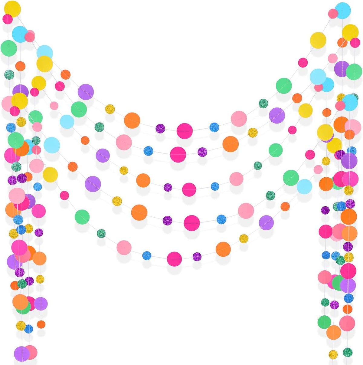 Outus 5 Pieces Colorful Dots Paper Garland Round Glitter Garland Hanging Confetti Streamers Backdrop Decoration for Birthday Classroom Candy Sprinkles Trunk or Treat Party (Rainbow)