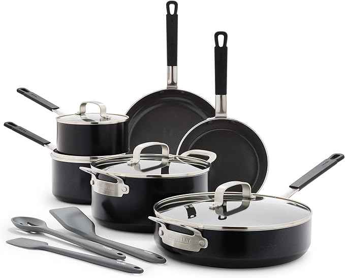 GreenPan x Bobby Flay 13 Piece Nonstick Cookware Pots and Pans Set, PFAS-Free Diamond Ceramic, Induction Suitable, Easy Clean Dishwasher & Oven Safe, Stay-Cool Silicone Handles, Glass Lids, Black