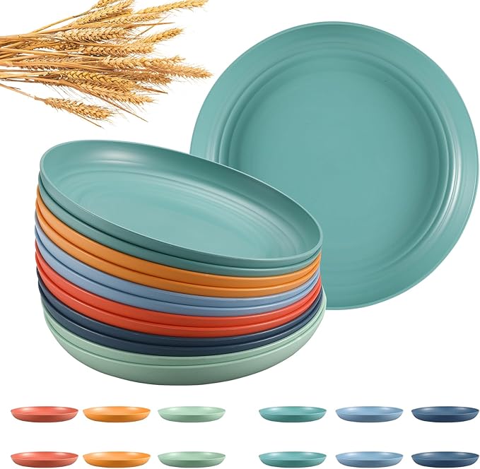 12 Pcs Unbreakable Deep Dinner Plates Set, 10 inch Reusable Plastic Wheat Straw Plates, Microwave and Dishwasher Safe Plate for Kitchen, Lightweight Plate for Dessert, BPA Free, 6 Colors