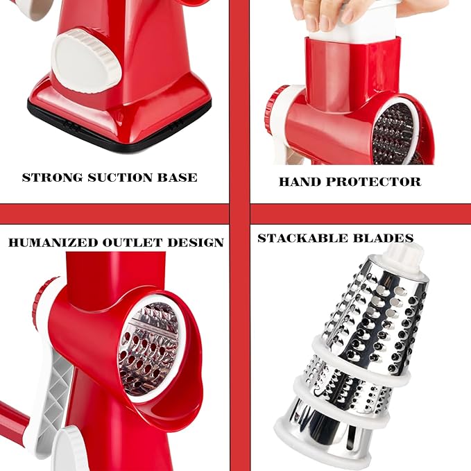 Cheese Grater with Handle, Multifunctional Manual Rotary Cheese Grater - Cheese Shredder Easily Chop Carrots, Potatoes, Vegetables and Fruits and Easy to Clean(red)