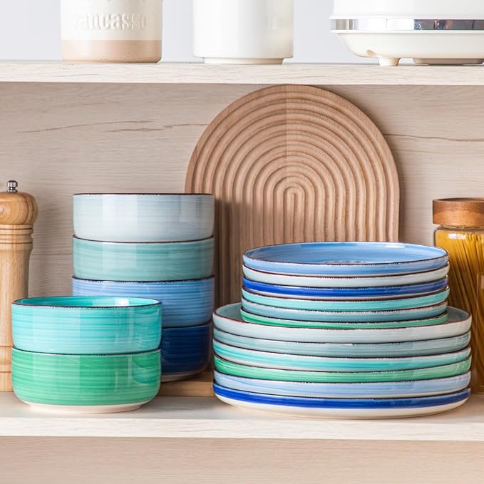 vancasso Bonita Dinnerware Sets 18 Pieces, Blue Stoneware Dishes Set for 6, Plates Set and Bowls Sets, Dishwasher and Microwave Safe