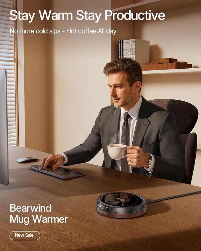 Coffee Mug Warmer for Desk, 50W Fast Heating Cup Warmer with Smart Display, 4 Temps & 12H Timer, Auto Shut Off for Tea, Milk, Hot Drinks - Wood Effect
