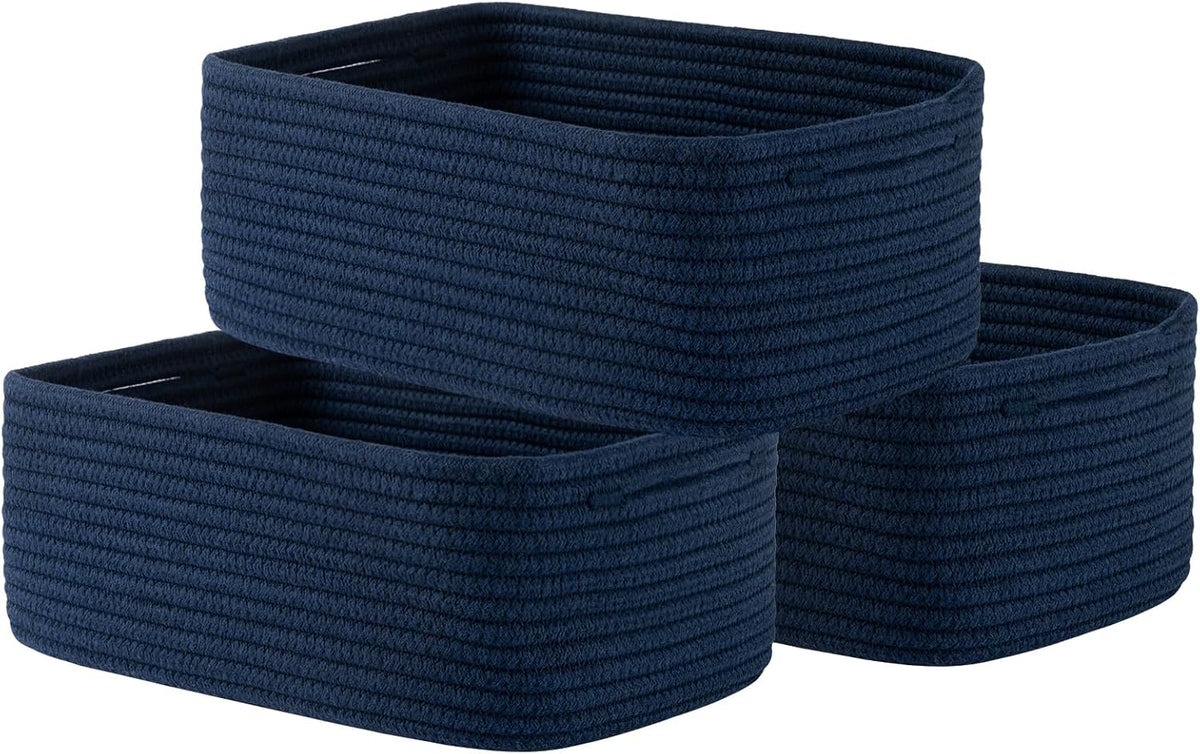 Small Woven Basket, 13.5 x 9.5 x 5 Inches, Storage Basket for Organizing, Cute Small Rope Shelf Closet Cube Storage Bins Baskets for Shelves, Dog Toy Gift Baskets Empty, 3 Packs, Navy Blue