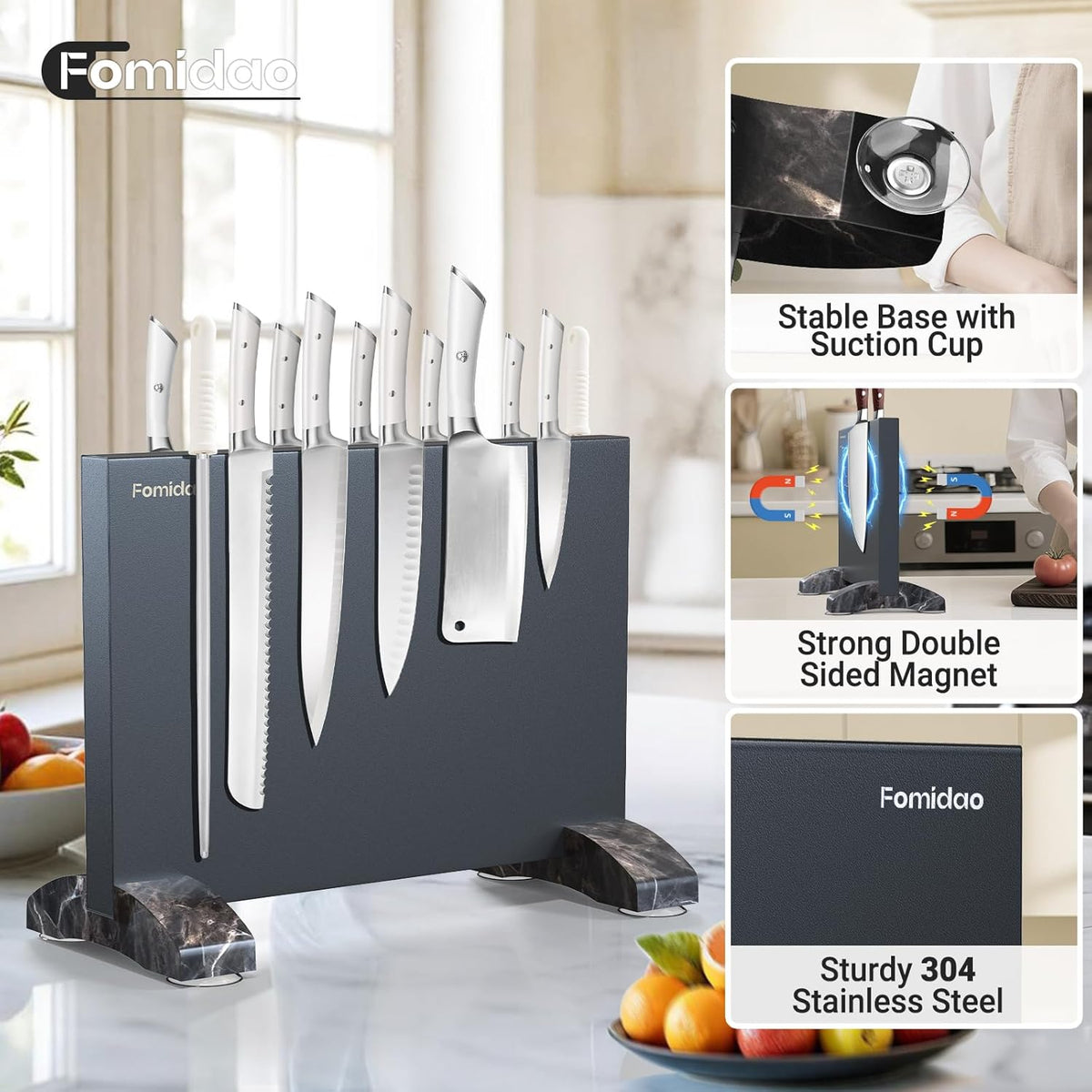 Magnetic Knife Holder Block,Black Magnetic Knife Stand for Kitchen Counter Top,Double Sided Stainless Steel Knife Storage,Strong Magnet Knife Rack