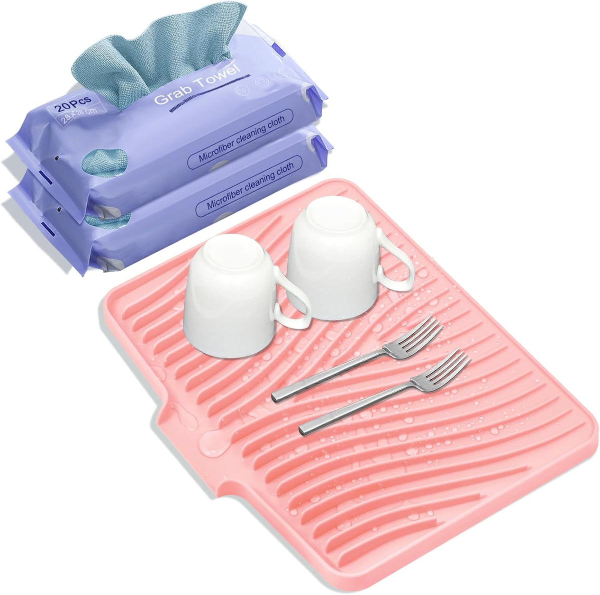 Silicone Dish Drying Mat, Stone Drying Mat for Kitchen Counter with Built-in Drain, Non-Slip 15.8" X 13" Drying Matt Kitchen Counter and Grey Microfiber Cleaning Cloth, Cleaning Rags Set(Pink)