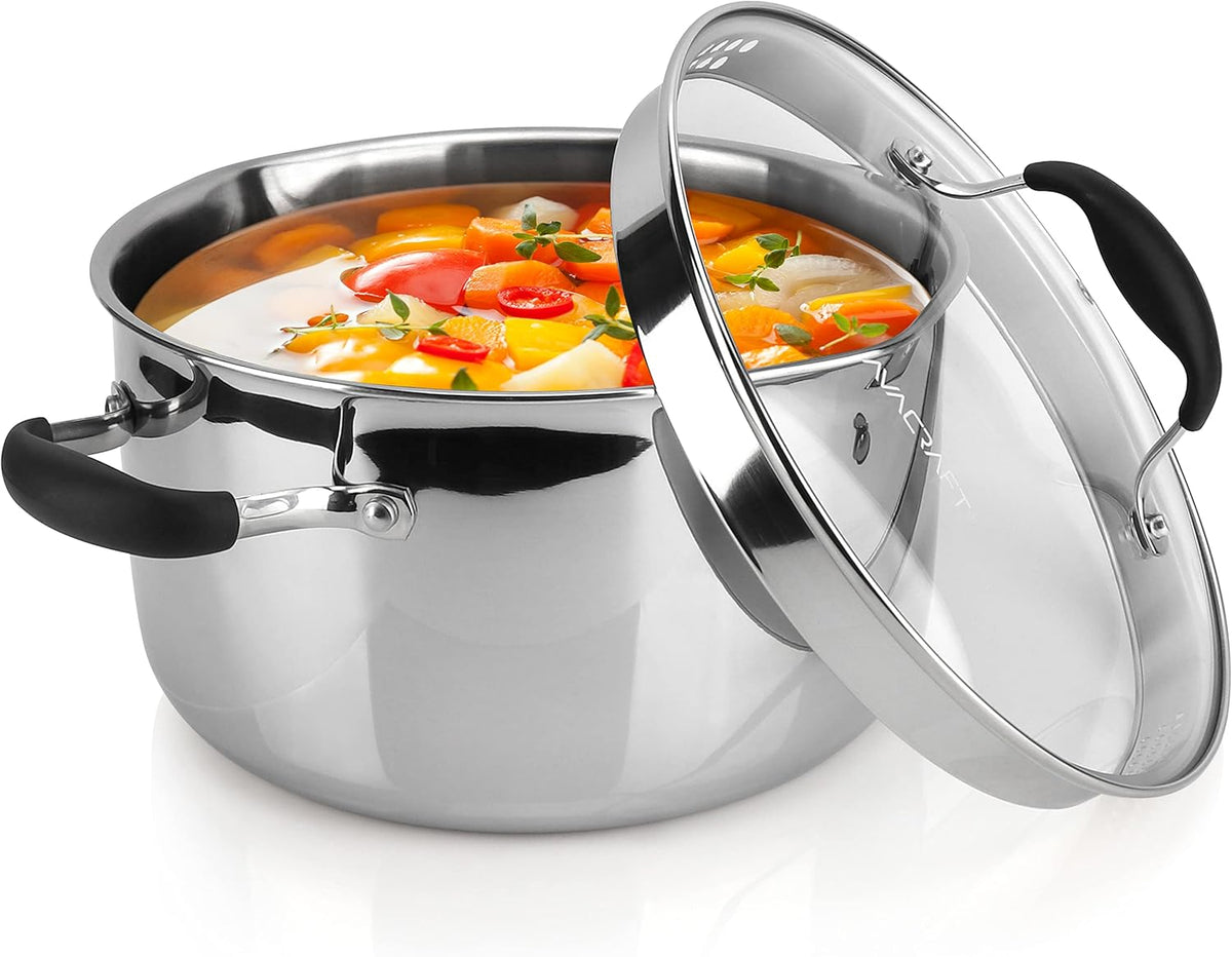 AVACRAFT Tri-Ply Stainless Steel Stockpot with Glass Strainer Lid, Side Spouts, 6 Quart Multipurpose Sauce Pot