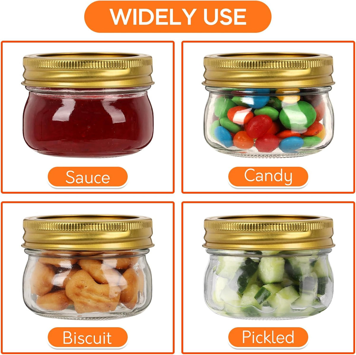 4 oz Mason Jars With Gold Lids and Bands, 24 Pack Regular Mouth Canning Jars for Jam, Honey, Yogurt, Candy, Spices, Snacks, DIY Projects, Wedding Favors- Includes 30 Stickers