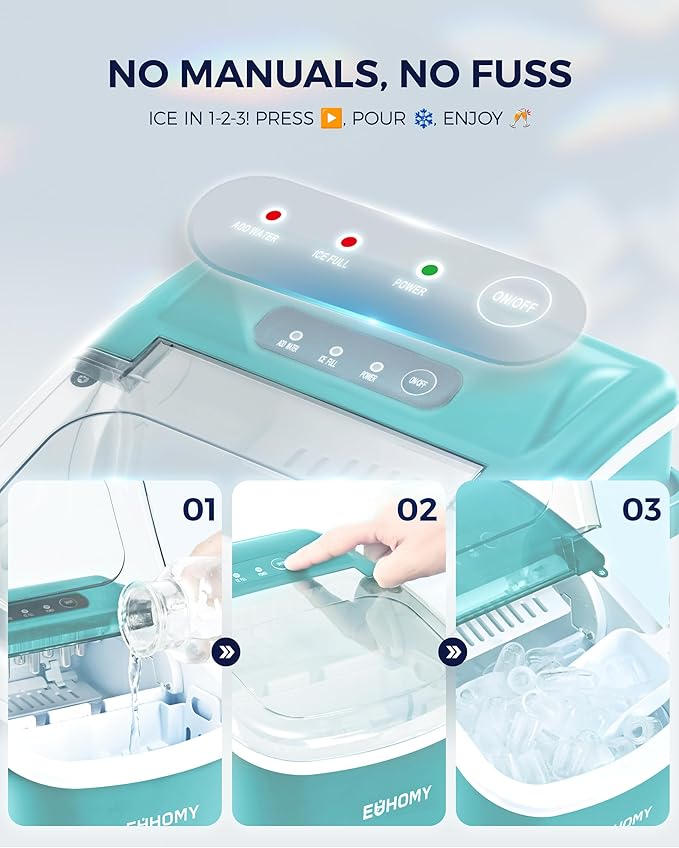 EUHOMY Countertop Ice Maker Machine with Handle, 26lbs Per Day, 9 Ice Cubes Ready in 6 Mins, Auto-Cleaning Portable Ice Maker with Basket and Scoop, for Home/Kitchen/Camping/RV (Green)