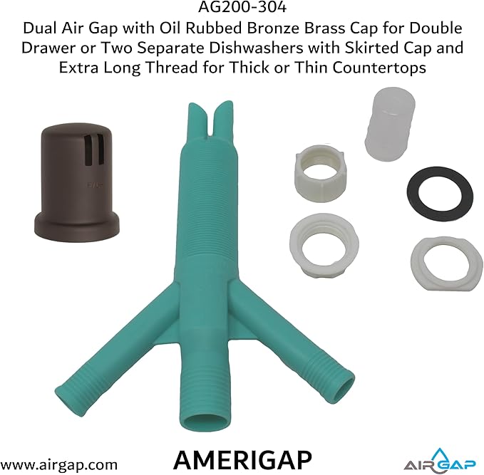 Dual Air Gap with Oil Rubbed Bronze Brass Cap for Double Drawer or Two Separate Dishwashers with Skirted Cap and Extra Long Thread for Thick or Thin Countertops (AG200-304, AG200-X04, AMERIGAP)