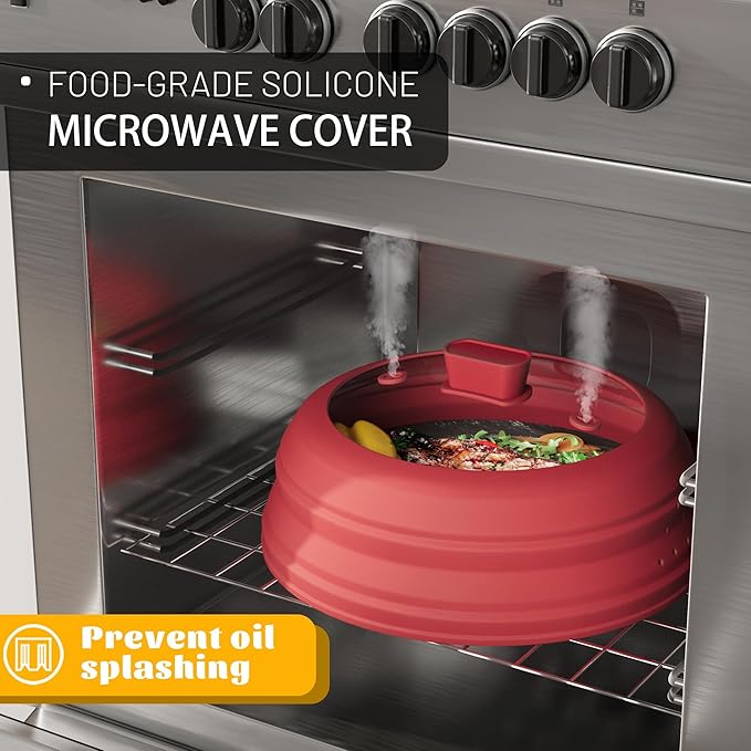 Microwave Splatter Cover, Vented Silicone and Glass Cover Splatter Guard Lid, Food Collapsible Plate Cover Lid with Easy Grip Handle. (Red, 10.8 inch)