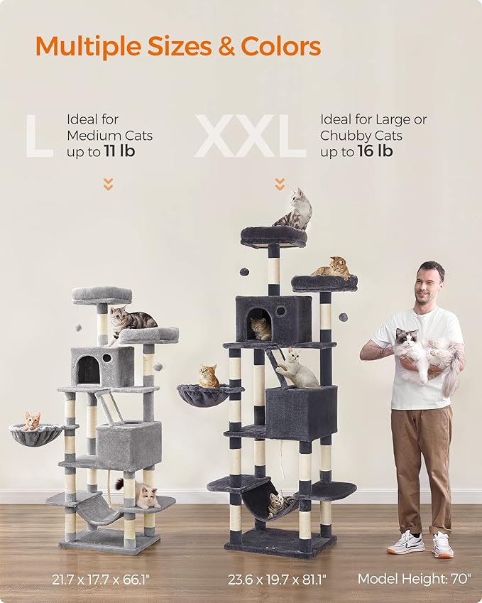 Feandrea Cat Tree, 66.1-Inch Large Cat Tower with 13 Scratching Posts, 2 Perches, 2 Caves, Basket, Hammock, Pompoms, Multi-Level Plush Cat Condo for Indoor Cats, Smoky Gray UPCT165G01