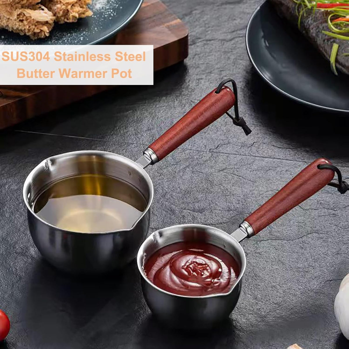 Butter Warmer Pot, Stainless Steel Milk Warmer with Wooden Handle for Seafood, Mini Butter Melting Pot Small Saucepan with Dual Pour Spouts for Stove Top Cooking (150ml)