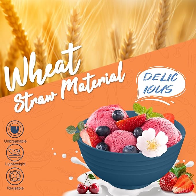 Wheat Straw Dinnerware Sets for 4, Reusable Plastic Dinner Plates, Unbreakable Kids Plates and Bowls Sets 20 PCS, Dishwasher & Microwave Safe Kitchen Camping Dorm Dish Sets- Blue