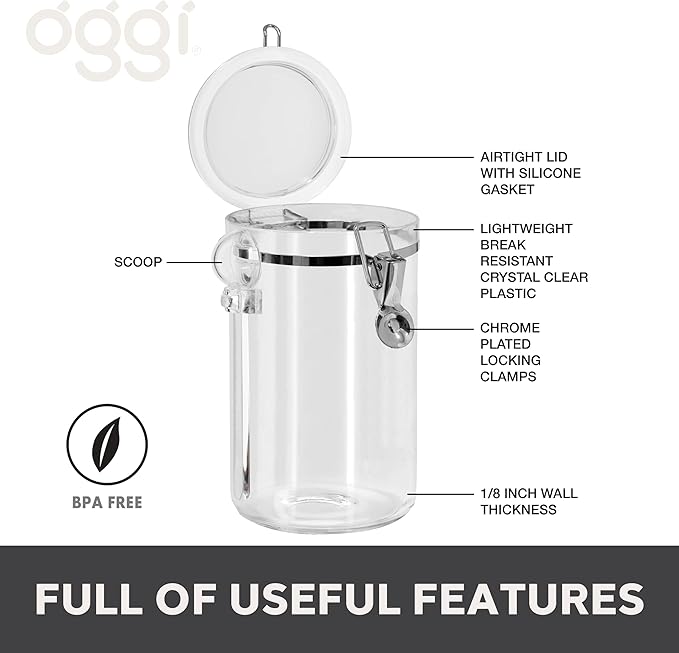 OGGI Clear Canister Airtight 61oz - Clamp Lid & Spoon - Airtight Food Storage Containers, Ideal for Kitchen & Pantry Storage of Bulk, Dry Food Including Flour, Sugar, Coffee, Rice, Tea, Spices & Herbs