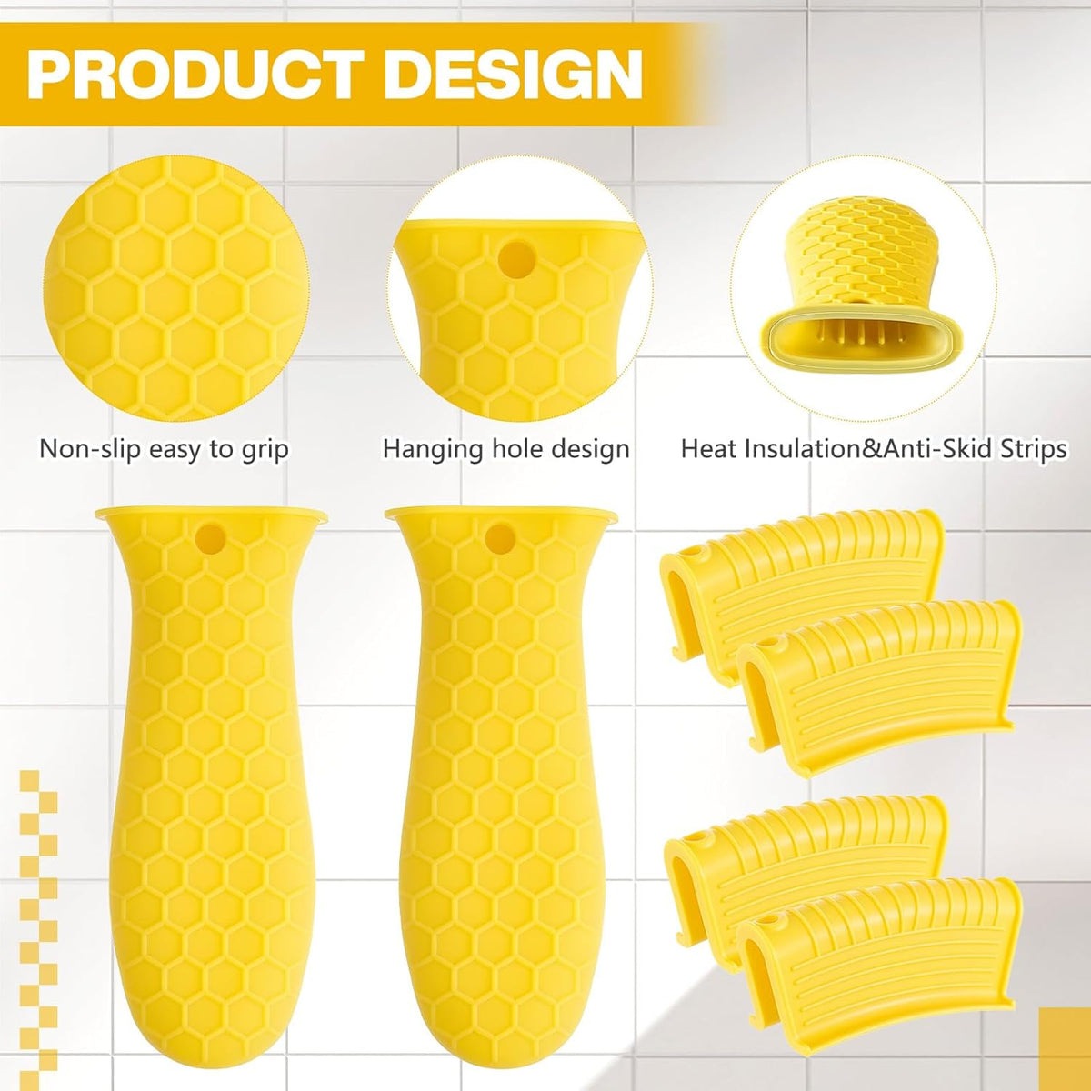Patelai 8 Pcs Silicone Pot Holders Cast Iron Handle Cover Heat Resistant Pot Handle Covers Potholder Non Slip Reusable Pan Sleeve for Frying Pan Kitchen Supplies(Yellow)