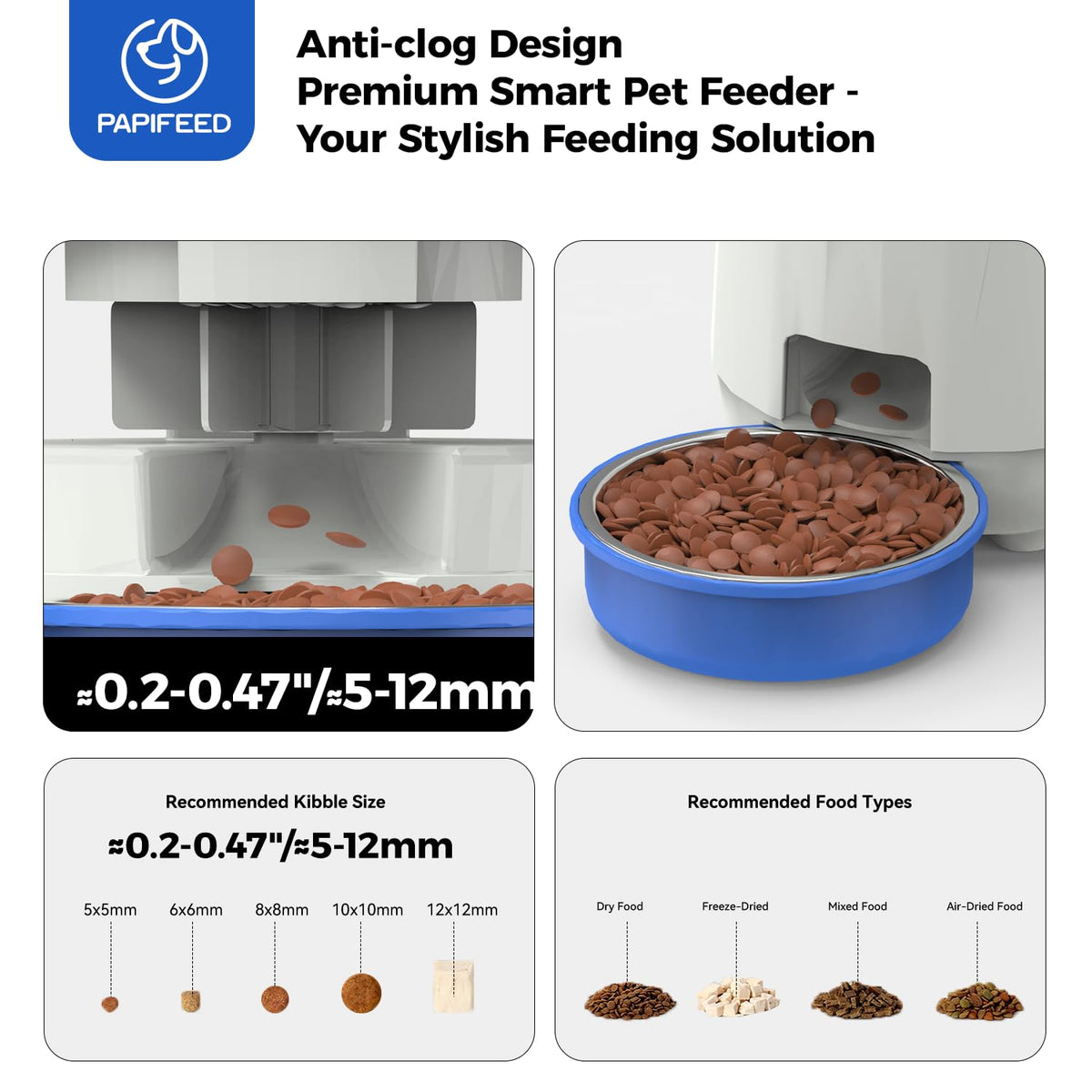 PAPIFEED Automatic Cat Feeder with App, 2.4G WiFi Cat Food Dispenser, 3L Timed Cat Feeders for Dry Food, 10 Meals/Day, 6 Portions/Meal, Dual Power Supply Smart Pet Feeder for Cat, Blue