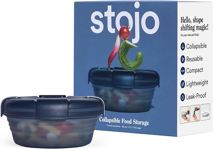 STOJO Collapsible Bowl - Translucent Denim Blue, 36oz - Reusable Silicone Bowl for Hot and Cold Food - Perfect for Travel, Meal Prep, To-Go Lunch, Camping & Hiking - Microwave & Dishwasher Safe