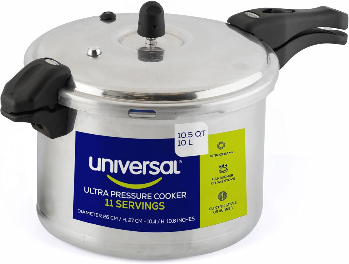 Universal (10.5 Quart / 10 Liter) Anti-Rust Ultra Pressure Cooker, Aluminum Construction for 11 Servings, and Even Heat Distribution, Diameter 10.4 inches, Height 10.6 inches