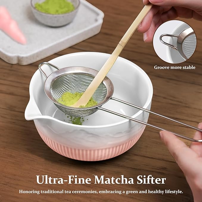 7PCs Pink Matcha Whisk Set Traditional Japanese Matcha Kit with Whisk and Bowl Matcha Making Accessories Bamboo Chasen Tea Spoon Holder Sifter Tea Towel Ceremony Macha Tea Set for Beginners