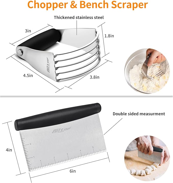 ALLTOP Stainless Steel Bench Scraper and Pastry Blender Cutter Set, Efficient Multipurpose Kitchen Baking Essential Tool with Comfortable Grip Handle-Perfect for Nut, Pie and Dough Processing - Black