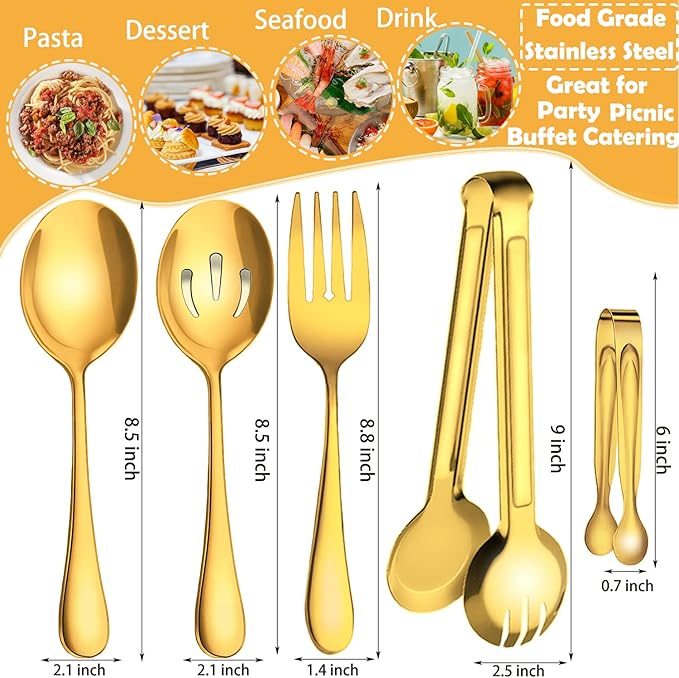 10 PCS Stainless Steel Serving Utensils, Large Serving Spoons Slotted Spoons, Serving Forks, Serving Tongs, Ice Suger Tongs, Metal Utensils Set Great for Buffet Catering Banquet Party (Gold)