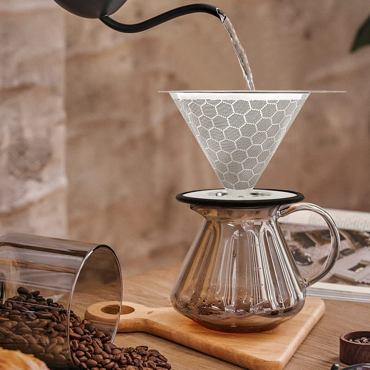LHS Pour Over Coffee Dripper Reusable Coffee Filter Metal Cone Filter Paperless Coffee Filter Stainless Steel Pour Over Coffee Maker Single Cup Brew Coffee Filter, Double Mesh