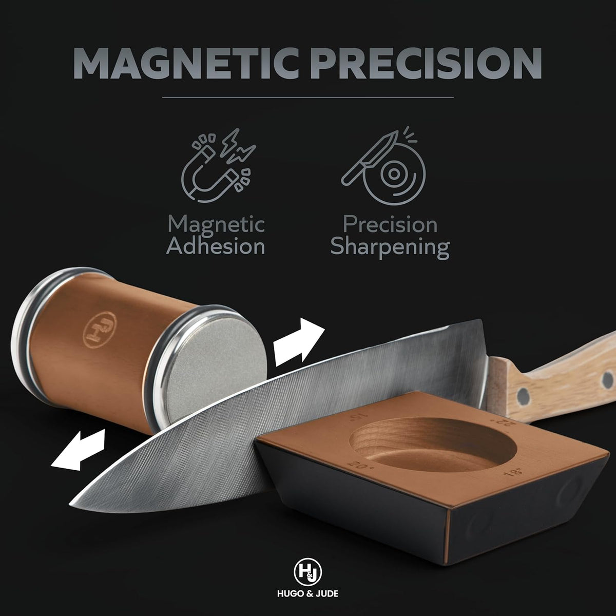 Hugo & Jude Premium Rolling Knife Sharpener - Sharpening Made Easy - Ergonomic Diamond Rolling Wheel Sharpener, 15/18/20/22° Magnetic Angles for Kitchen Knife Sharpener- Kitchen Gadgets & Gifts