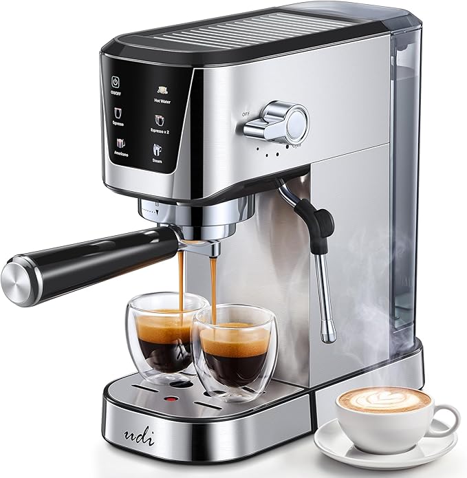 UDI Espresso Machines with LED Touch screen, 20 Bar Espresso Coffee machine for Lattes, Cappuccinos, Americano, Compact Cappuccino Latte Machine for Home, Silver