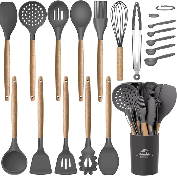 MIBOTE 17 Pcs Silicone Cooking Kitchen Utensils Set with Holder, Wooden Handles Silicone Turner Tongs Spatula Spoon Kitchen Gadgets Utensil Set for Nonstick Cookware (Grey)