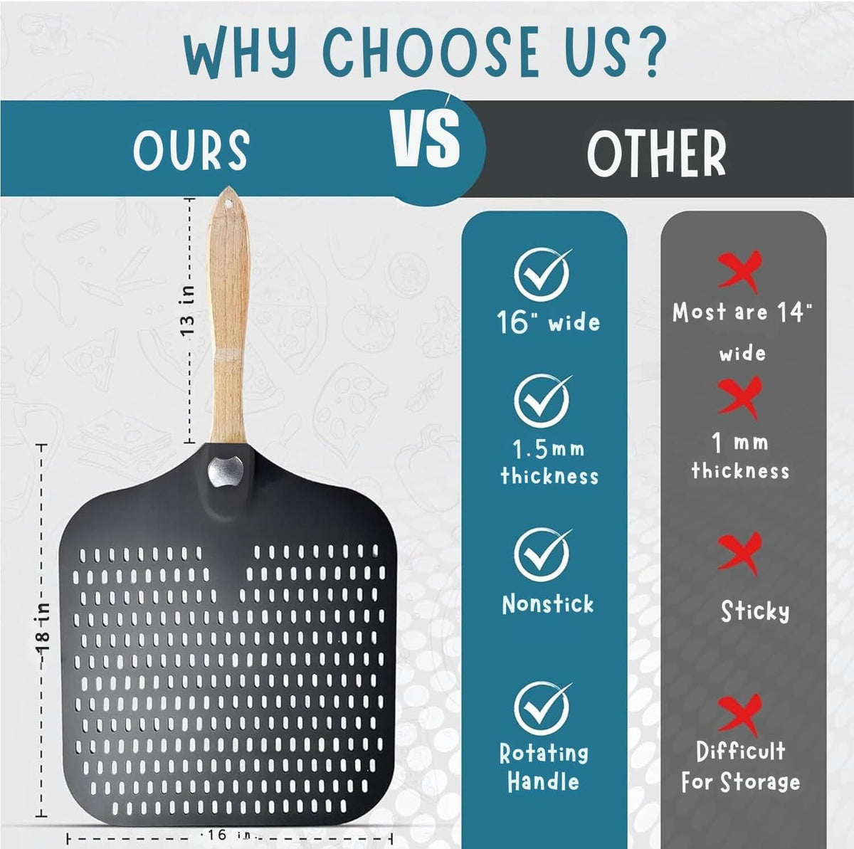 Pizza Peel 16 inch,16" Wx 18" L, Aluminum pizza peel with Foldable Wood Handle and Storage Bag, Non-perforated (16 inch Perforated)