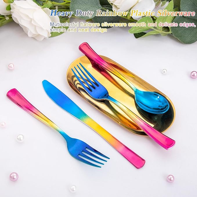 Supernal 120pcs Rainbow Plastic Silverware Set Colorful Party Utensils Blue Pink Gold Plastic Silverware Include 40 Rainbow Forks, 40 Gold Knives and 40 Blue Spoons for Trolls Party