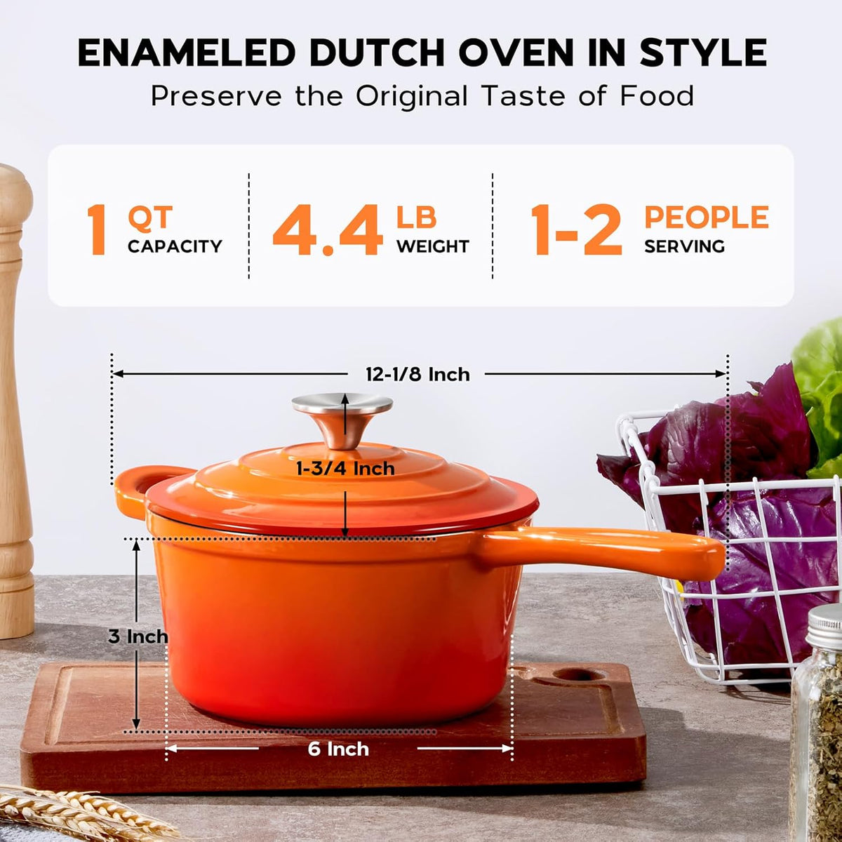 Enameled Cast Iron Sauce Pan Pot, Onader 1QT Saucepan with Lid, Small Enamel Dutch Oven Kitchen Cooking Pot – Sunset Orange