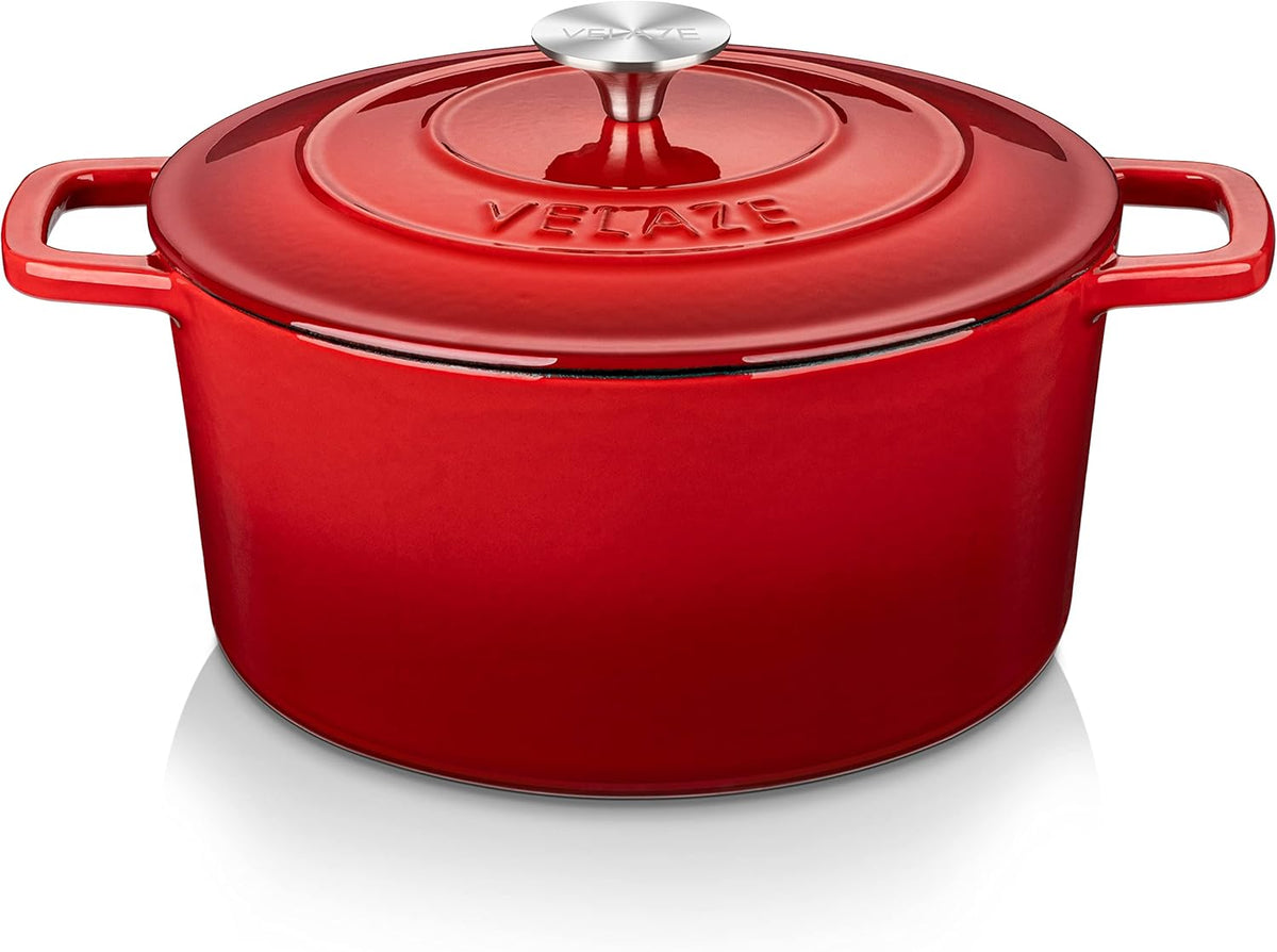 Velaze 6 QT Enameled Cast Iron Dutch Oven, Dual Handles Pot with Lid, Heavy-Duty Non-stick Round Oven for Bread Baking, Stewing, Roasting, Good Sealing for All Heat Source (Red)