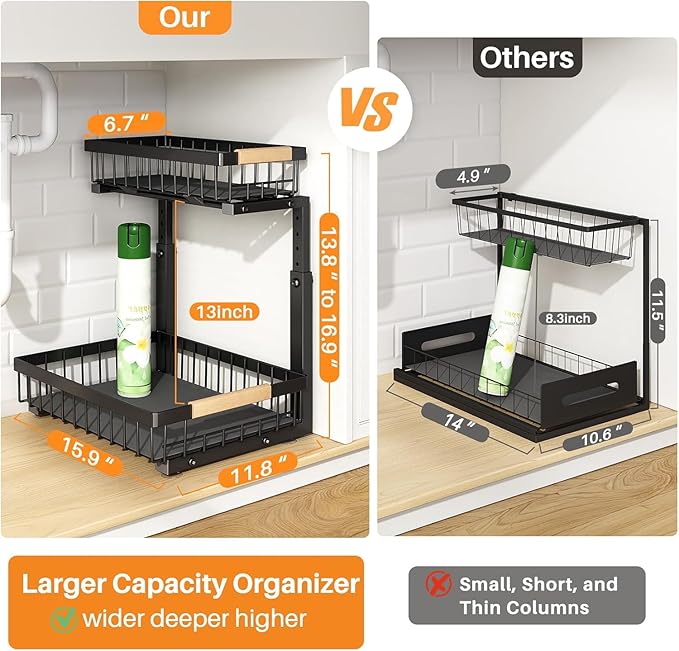 PXRACK 2 PACK Under Sink Organizer,Adjustable Height,2 Tier Pull Out Under Cabinet Organizer,Thickened Metal Shelf,Slide Out Under Sink Storage for Kitchen Bathroom Cabinet Laundry
