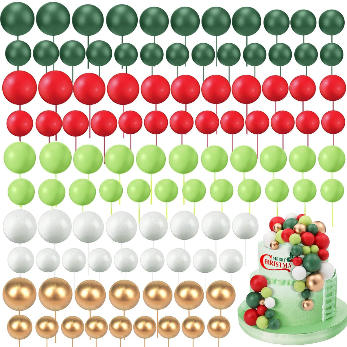 108 Pcs Balls Cake Topper DIY Cupcake Insert Foam Balloons for Cake Baking Wedding Anniversary Birthday Decoration(Various Green, Red, Gold, White,Multi Sizes)
