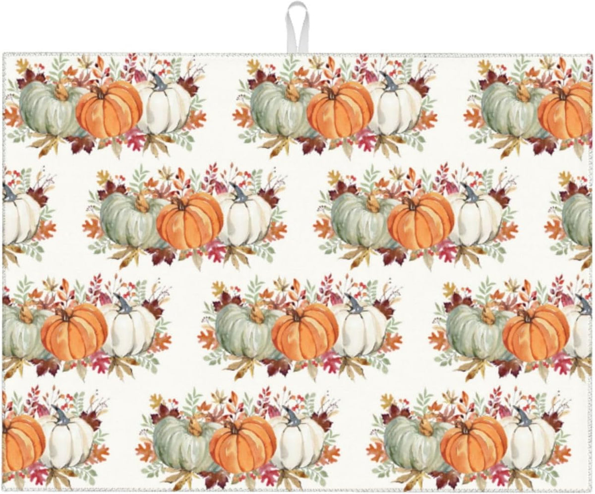 Fall Dish Drying Mat 18x24 for Kitchen Counter, Watercolor Pumpkin Leaf Decorative Absorbent Coffee Mat Dish Drying Pad Coffee Bar Dish Drainer Rack Mat Drainer Mat