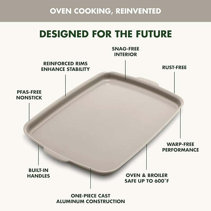 GreenPan Premiere Ovenware Healthy Ceramic Nonstick 18" x 13" Half Rectangular Baking Pan, PFAS-Free, Warp-Free Bakeware, Durable Quick Heating Tray, Oven Safe to 600F, Dishwasher Safe, Taupe