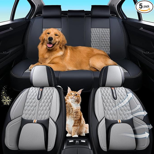 Car Seat Cover Full Set, Universal Car Seat Cover for Cars, Black and Gray, with Lumbar Support, Premium Artificial Leather, Waterproof and Easy to Clean, Airbag Compatible