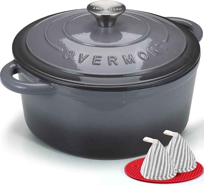 Overmont Enameled Cast Iron Dutch Oven - 4.5QT Pot with Lid Cookbook & Cotton Potholders - Heavy-Duty Cookware for Braising, Stews, Roasting, Bread Baking grey