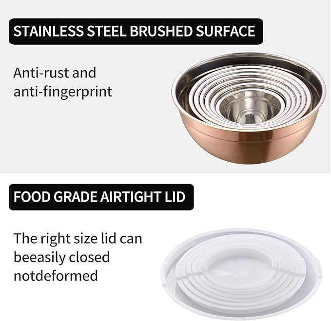 Rose Gold Mixing Bowls with Lids Set of 7, Stainless Steel Nesting Bowl with Khaki Lid for Non-slip Mixing Prepping Storing Serving, 7 Sizes-7/3.6/2.7/2.1/1.5/1/0.8 QT