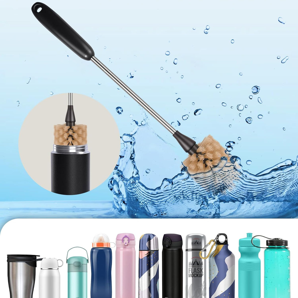 Stainless Steel Long Handle Water Bottle Brush, Flexible Scrubbing Brush for Cleaning Water Bottles, Baby Water Bottles, Glassware, Food Jars, Sports Jugs, Sobriety Jugs, 2 Pack, 15 in.