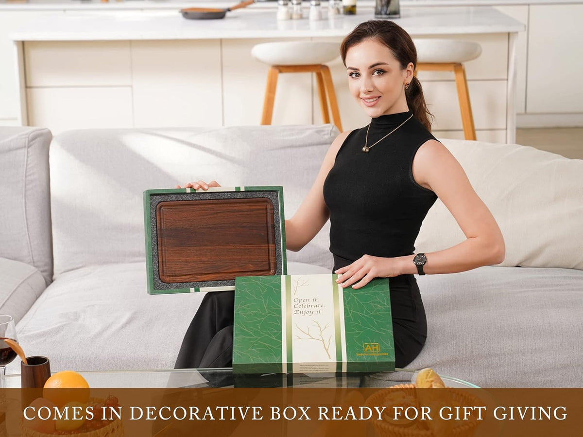 AZRHOM Small Walnut Wood Cutting Board for Kitchen 12x8 in (Gift Box) with Juice Groove Handles Non-slip Mats Thick Reversible Butcher Block Chopping Board