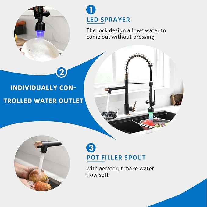 Fapully Commercial Single Handle Pull Down Sprayer Black&Rose Gold Kitchen Faucet,Kitchen Sink Faucet with LED Light