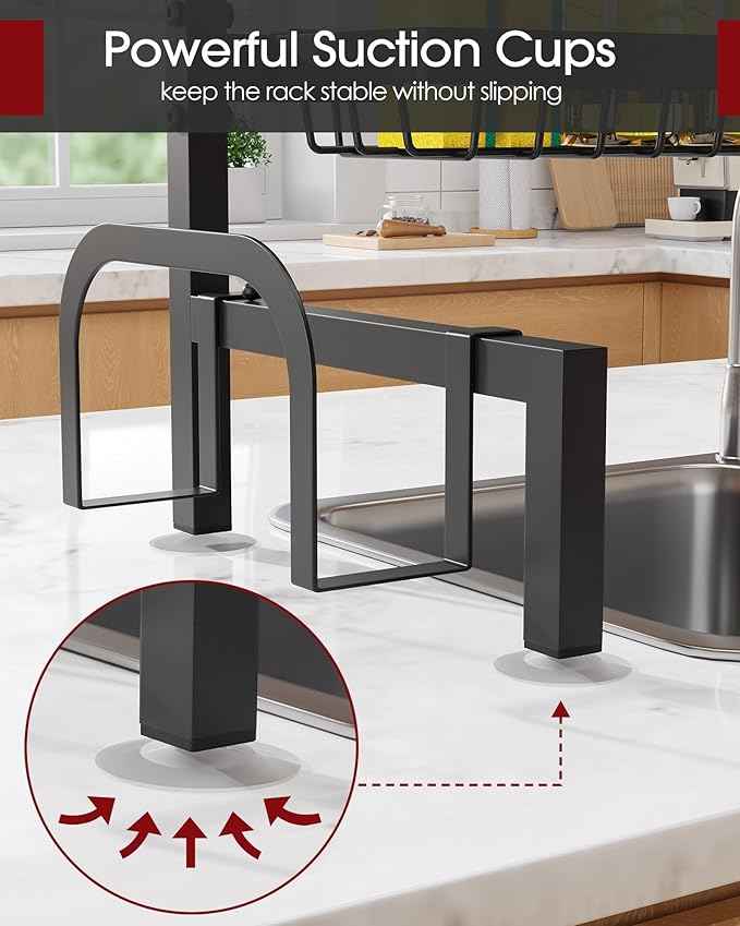 Over The Sink Dish Drying Rack - Adjustable 2 Tier Large Capacity Stainless Steel Drainer with Cutlery & Utensil Holders, Kitchen Storage & Organization, 30"-33.9" L x 11" W x 21.5" H, Black