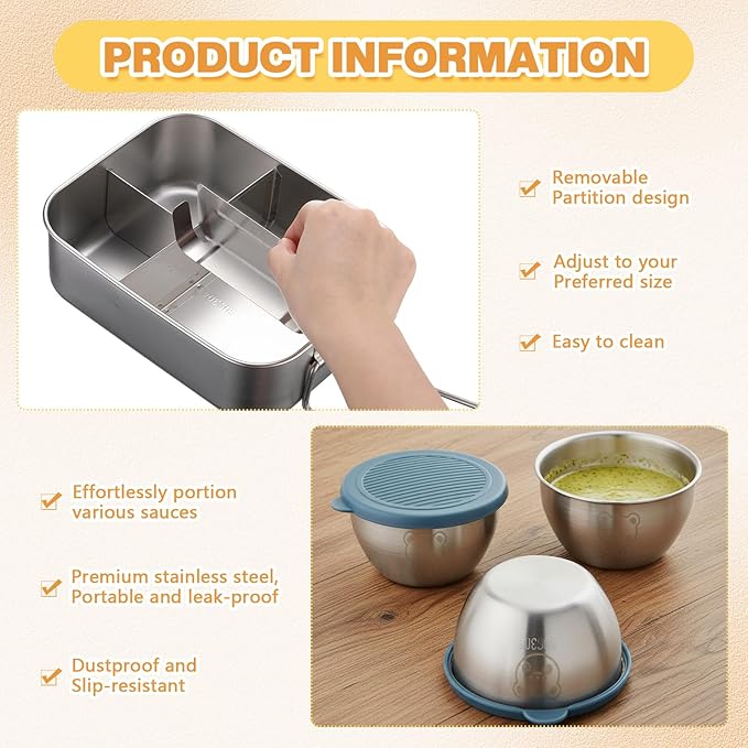 2 Pack Stainless Steel Bento Box 5 Compartment Kit 50oz/1500ml Metal Bento Lunch Box Container with Handle and 2 Pcs 80ml Round Sauce Cups Leak Proof Lockable Clips for Kids or Adults