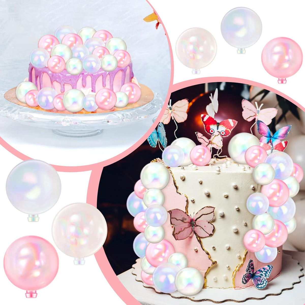 108 Pcs Balls Cake Topper DIY Cupcake Insert Foam Balloons for Cake Baking Wedding Anniversary Birthday Decoration(Pink, Clear, White,1.57'', 1.18'')