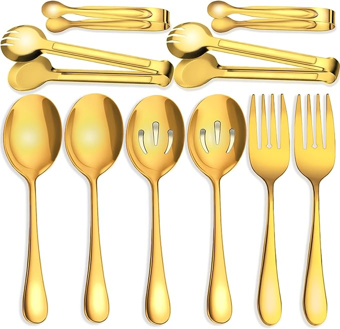 10 PCS Stainless Steel Serving Utensils, Large Serving Spoons Slotted Spoons, Serving Forks, Serving Tongs, Ice Suger Tongs, Metal Utensils Set Great for Buffet Catering Banquet Party (Gold)