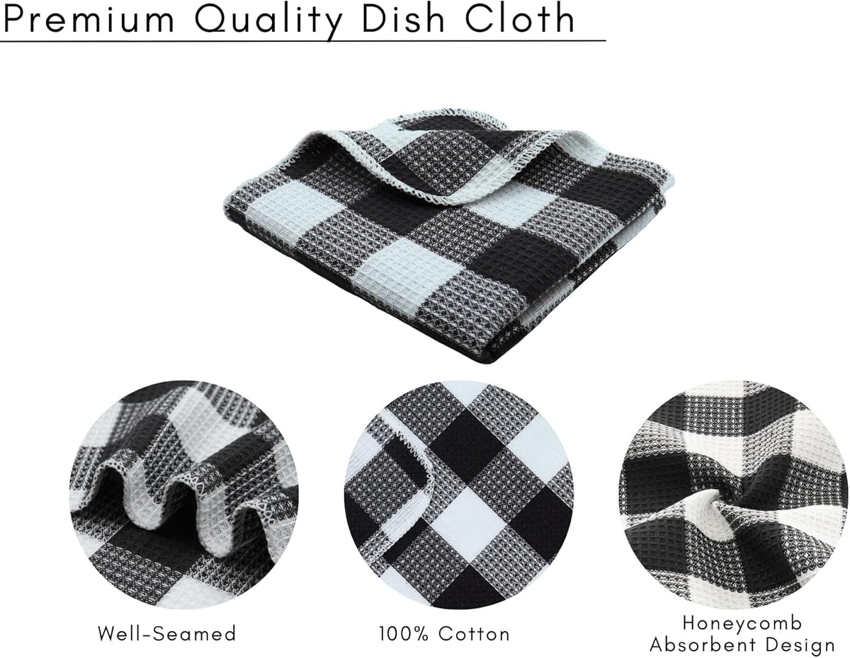 PurpleEssences Waffle Weave Plaid Dish Cloths, 100% Cotton - 12 x 12 Inches, Ultra Soft Absorbent Quick Drying Dish Towels Buffalo Check Dish Rags for Kitchen, 6 Pack - Spring Summer- Black and White